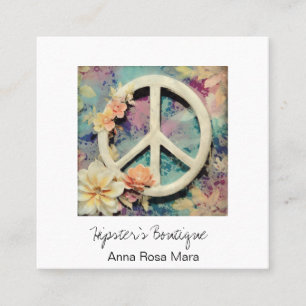 *~* White Peace Sign Blume Grunge Boho AP57 QR Quadratische Visitenkarte