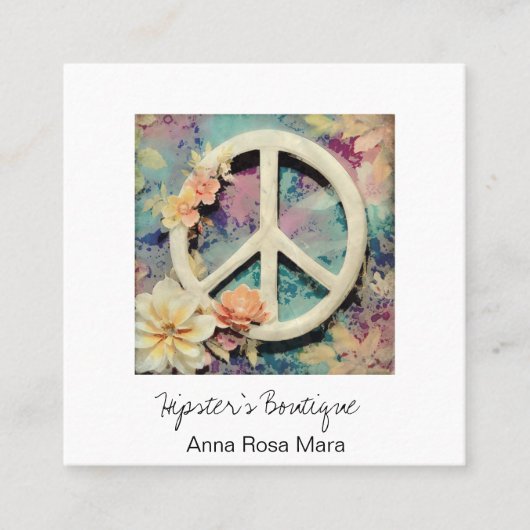 *~* White Peace Sign Blume Grunge Boho AP57 QR Quadratische Visitenkarte (Vorderseite)