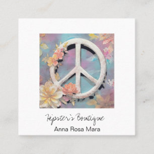 *~* White Peace Sign Blume Grunge Boho QR AP57 Quadratische Visitenkarte