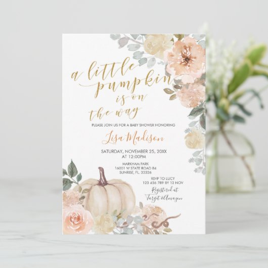 White Peach Little Pumpkin ist unterwegs Einladung (Stehend Vorderseite)