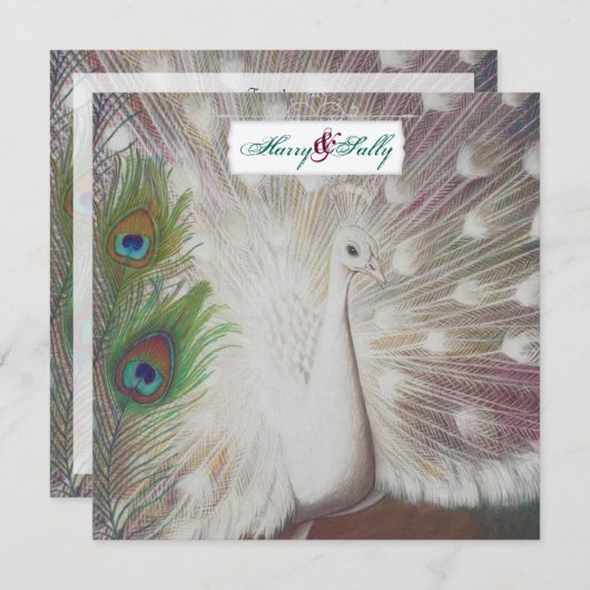 White Peacock and Feather Wedding Einladung (Vorne/Hinten)