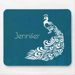 White Peacock auf Aquamarinem Chic Stilvolles Art Mousepad