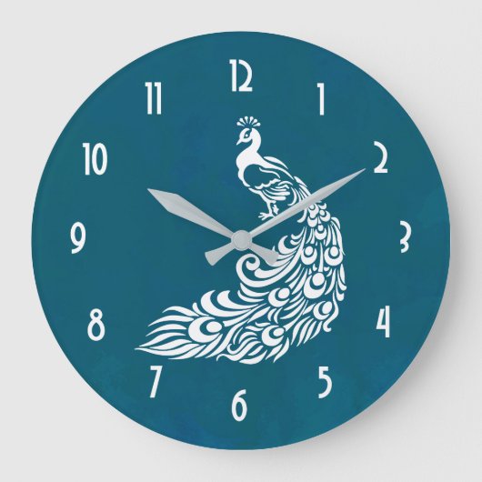 White Peacock auf Aquamarinem, kühl gestaltetem Ar Große Wanduhr (Vorderseite)