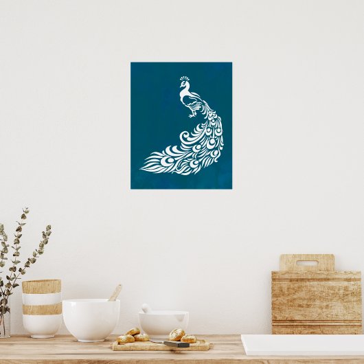 White Peacock auf Aquamarinem, kühl gestaltetem Ar Poster (Küche)