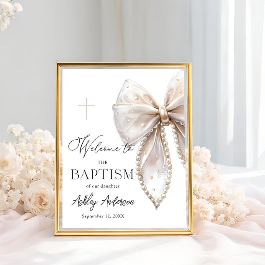 White Pearl Bow Baptism Welcome  Poster