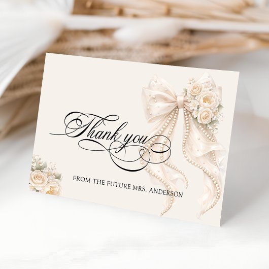 White Pearl Bow Bridal Shower Thank You Card Dankeskarte