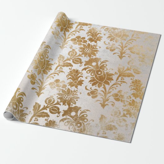 White Pearly Gold Floral Hütte Grungy Damask Geschenkpapier (Ungerollt)