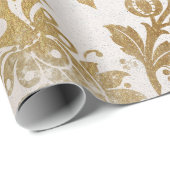White Pearly Gold Floral Hütte Grungy Damask Geschenkpapier (Rolleneckpunkt)