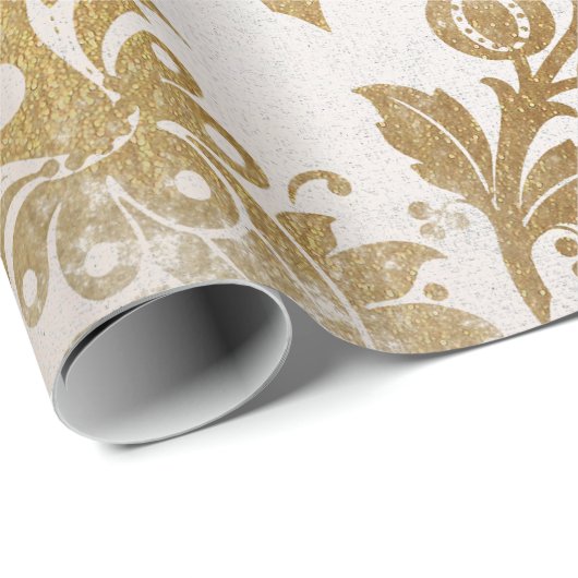 White Pearly Gold Floral Hütte Grungy Damask Geschenkpapier (Rolleneckpunkt)