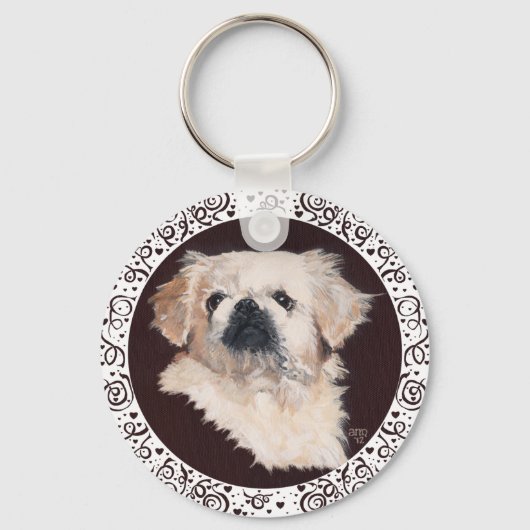 White Pekingese Kopfstudie Schlüsselanhänger (Vorderseite)