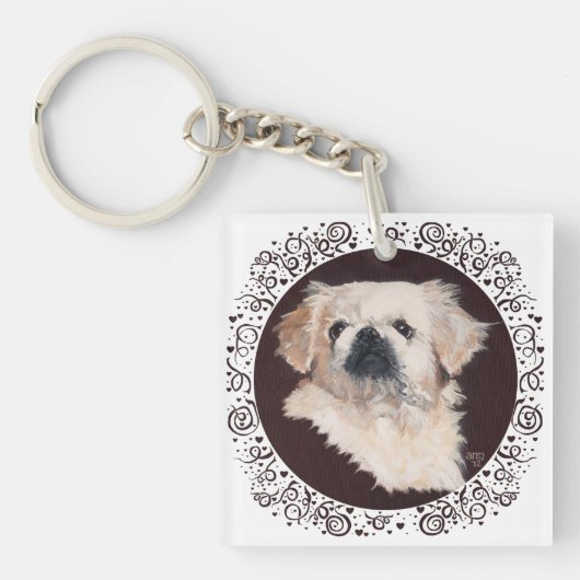 White Pekingese Kopfstudie Schlüsselanhänger (Vorderseite)