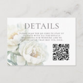 White Peonies Floral Wedding Details QR code Begleitkarte (Vorderseite)