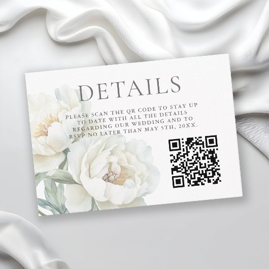 White Peonies Floral Wedding Details QR code Begleitkarte