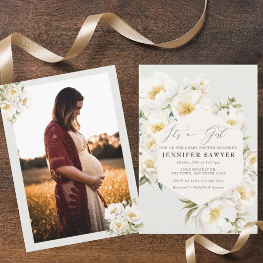 White Peonies | Foto Babydusche Einladung