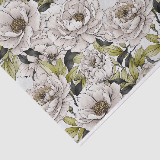 White Peonies Illustration mit hellgrünen Blätter Seidenpapier (Ausschnitt)