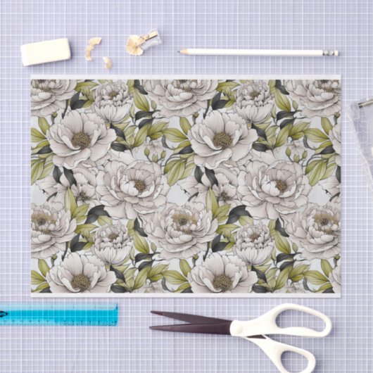 White Peonies Illustration mit hellgrünen Blätter Seidenpapier (Handwerk)