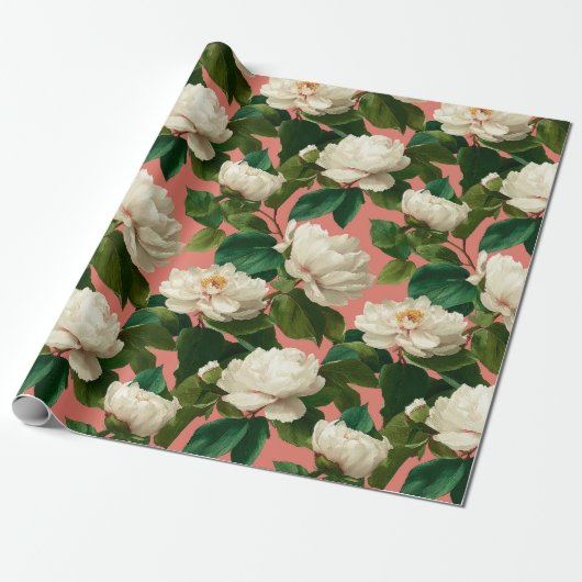 White Peonies on pechy background pattern Geschenkpapier (Ungerollt)