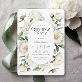 White Peonies Watercolor Floral Birthday Party Einladung