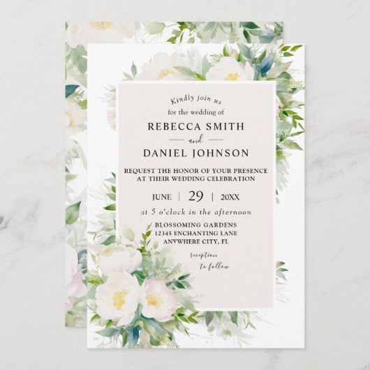 White Peonies Watercolor Hochzeit Einladung (Vorne/Hinten)