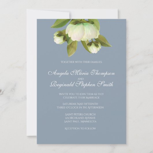 White Peonings mit Dusty Blue Einladung (Vorderseite)