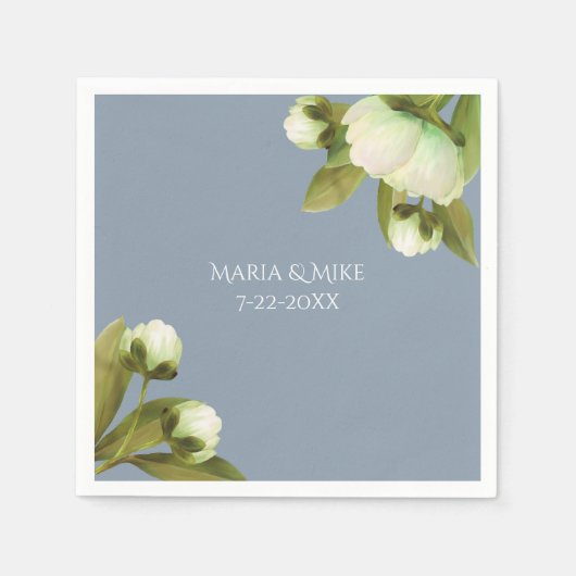 White Peonings mit Dusty Blue Napkins Serviette (Vorderseite)