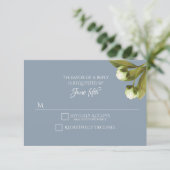 White Peonings mit Dusty Blue Wedding RSVP (Stehend Vorderseite)