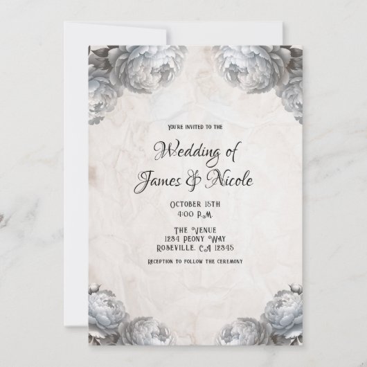 White Peony Blume Vintag Rustic Wedding Einladung (Vorderseite)
