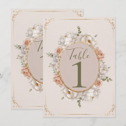 White Peony & Blush Rose Floral Table Numbers Einladung (Vorne/Hinten)