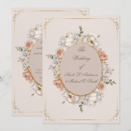 White Peony & Blush Rose Floral Wedding  Einladung (Vorne/Hinten)