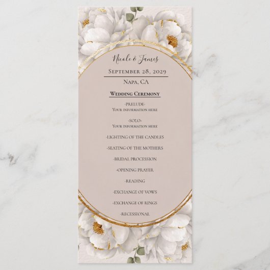 White Peony & Blush Rose Floral Wedding Program Menükarte (Vorderseite)