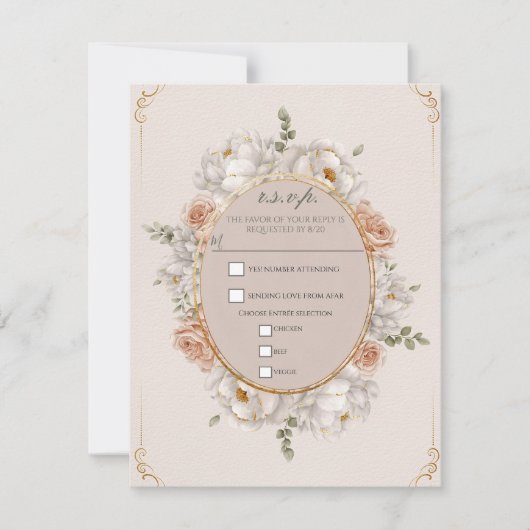 White Peony & Blush Rose Floral Wedding RSVP Einladung (Vorderseite)