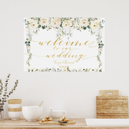White Peony Epiphany Gold Calligraphy Willkommen Poster (Küche)