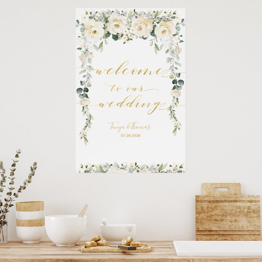 White Peony Epiphany Gold Calligraphy Willkommen Poster (Küche)