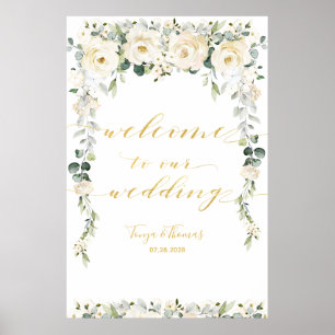 White Peony Epiphany Gold Calligraphy Willkommen Poster