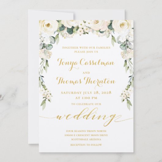 White Peony Epiphany Wedding Gold Calligraphy Einladung (Vorderseite)