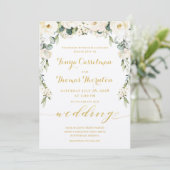 White Peony Epiphany Wedding Gold Calligraphy Einladung (Stehend Vorderseite)