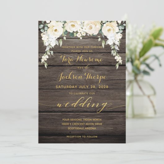 White Peony Epiphany Wedding Rustic Barboard Einladung (Stehend Vorderseite)