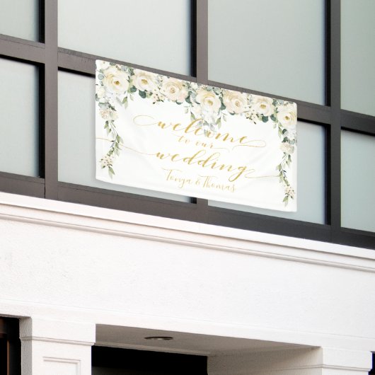 White Peony Extravagant Gold Calligraphy Willkomme Banner (Äußeres Gebäude)