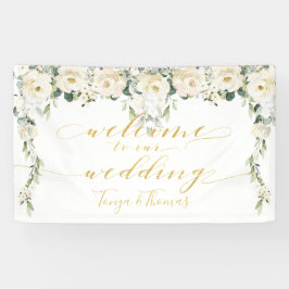 White Peony Extravagant Gold Calligraphy Willkomme Banner