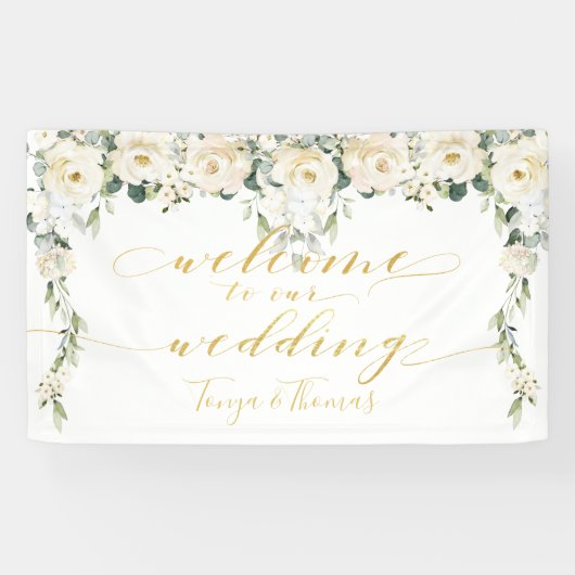 White Peony Extravagant Gold Calligraphy Willkomme Banner (Horizontal)