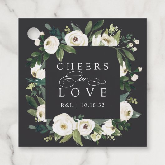 White Peony Floral Frame "Cheers to Liebe" Hochzei Geschenkanhänger (Vorderseite)