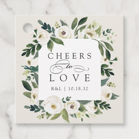 White Peony Floral Frame "Cheers to Liebe" Hochzei Geschenkanhänger (Vorderseite)