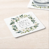 White Peony Floral Frame "Cheers to Liebe" Hochzei Rechteckiger Pappuntersetzer (angewinkelt)