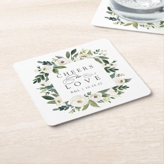 White Peony Floral Frame "Cheers to Liebe" Hochzei Rechteckiger Pappuntersetzer (angewinkelt)