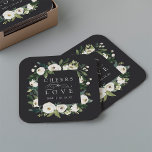 White Peony Floral Frame "Cheers to Liebe" Hochzei Rechteckiger Pappuntersetzer<br><div class="desc">Unsere Hochzeitskollektion mit weißer Peonie in Aquarellfarben mit zart bemalten Aquarellen,  grünem botanischem Blattwerk und Blume mit weißem und elfenbeinfarbenem Peony. In klassischer Schrift mit Akzenten kalligrafischer Schriften erscheint "Liebe bejubeln". Personalisieren Sie diese Cocktail-Servietten mit Ihren Initialen und Hochzeitsdatum,  oder Ihre Wahl von individuellem Text.</div>