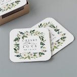 White Peony Floral Frame "Cheers to Liebe" Hochzei Rechteckiger Pappuntersetzer<br><div class="desc">Unsere Hochzeitskollektion mit weißer Peonie in Aquarellfarben mit zart bemalten Aquarellen,  grünem botanischem Blattwerk und Blume mit weißem und elfenbeinfarbenem Peony. In klassischer Schrift mit Akzenten kalligrafischer Schriften erscheint "Liebe bejubeln". Personalisieren Sie diese Cocktail-Servietten mit Ihren Initialen und Hochzeitsdatum,  oder Ihre Wahl von individuellem Text.</div>