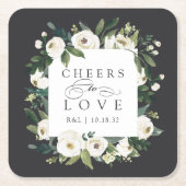 White Peony Floral Frame "Cheers to Liebe" Hochzei Rechteckiger Pappuntersetzer (Vorderseite)