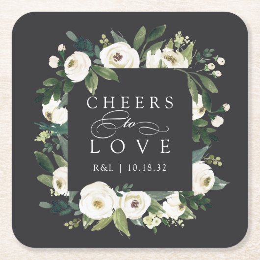 White Peony Floral Frame "Cheers to Liebe" Hochzei Rechteckiger Pappuntersetzer (Vorderseite)