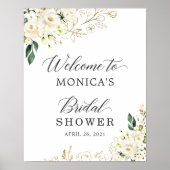 White Peony Floral Gold Blätter Brautparty Sign Poster (Vorne)