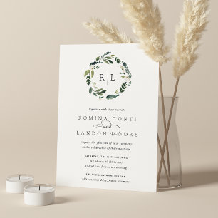 White Peony   Floral Monogram Wreath Wedding Einladung